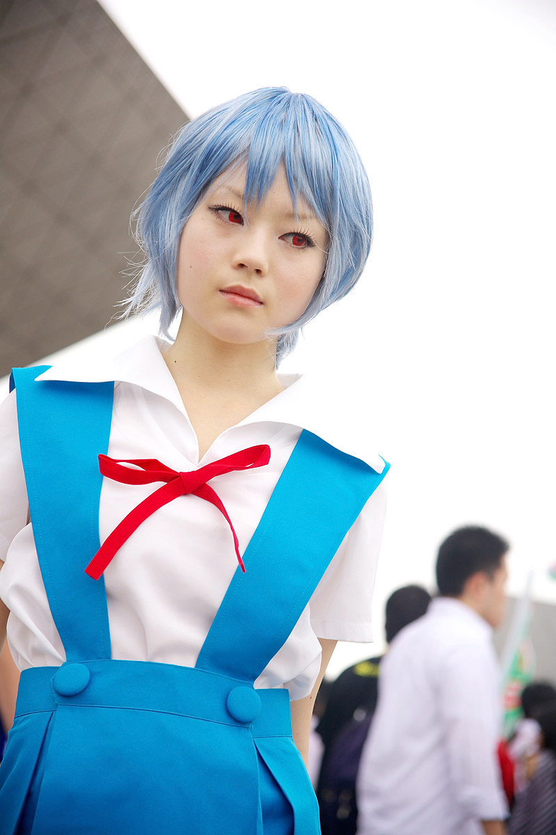 ayanami rei, kanata (model), neon genesis evangelion, highres, photo (medium), blue hair, cosplay, red eyes, school uniform, serafuku, suspenders