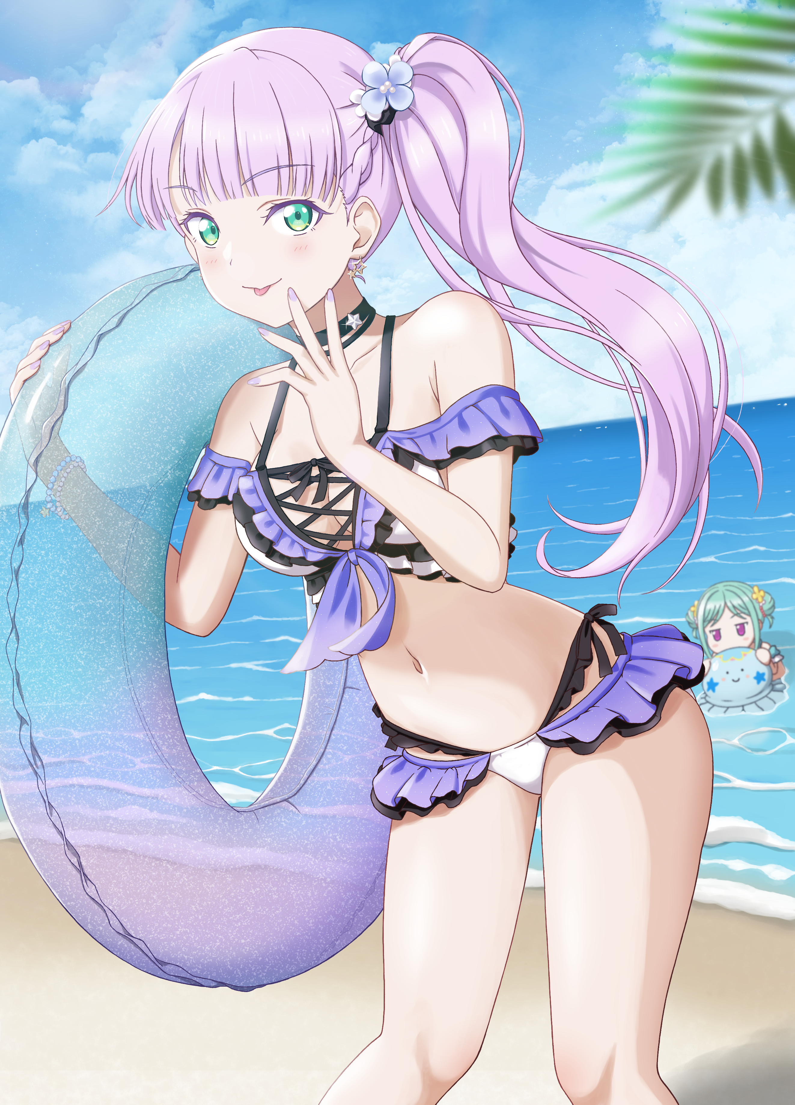neon (noblelot), onitsuka tomari, wien margarete, love live!, love live! superstar!!, absurdres, highres, 2girls, bare arms, bare shoulders, beach, bikini, black choker, blue sky, bracelet, choker, closed mouth, cloud, cloudy sky, collarbone, double bun, earrings, flower, frilled bikini, frills, green eyes, green hair, hair bun, hair flower, hair ornament, holding, jewelry, long hair, looking at another, looking at viewer, midriff, multicolored bikini, multiple girls, navel, ocean, palm leaf, ponytail, pool float, purple flower, purple hair, red eyes, side ponytail, sky, smile, star (symbol), star charm, star earrings, swimsuit, thighs, tongue, tongue out, yellow flower