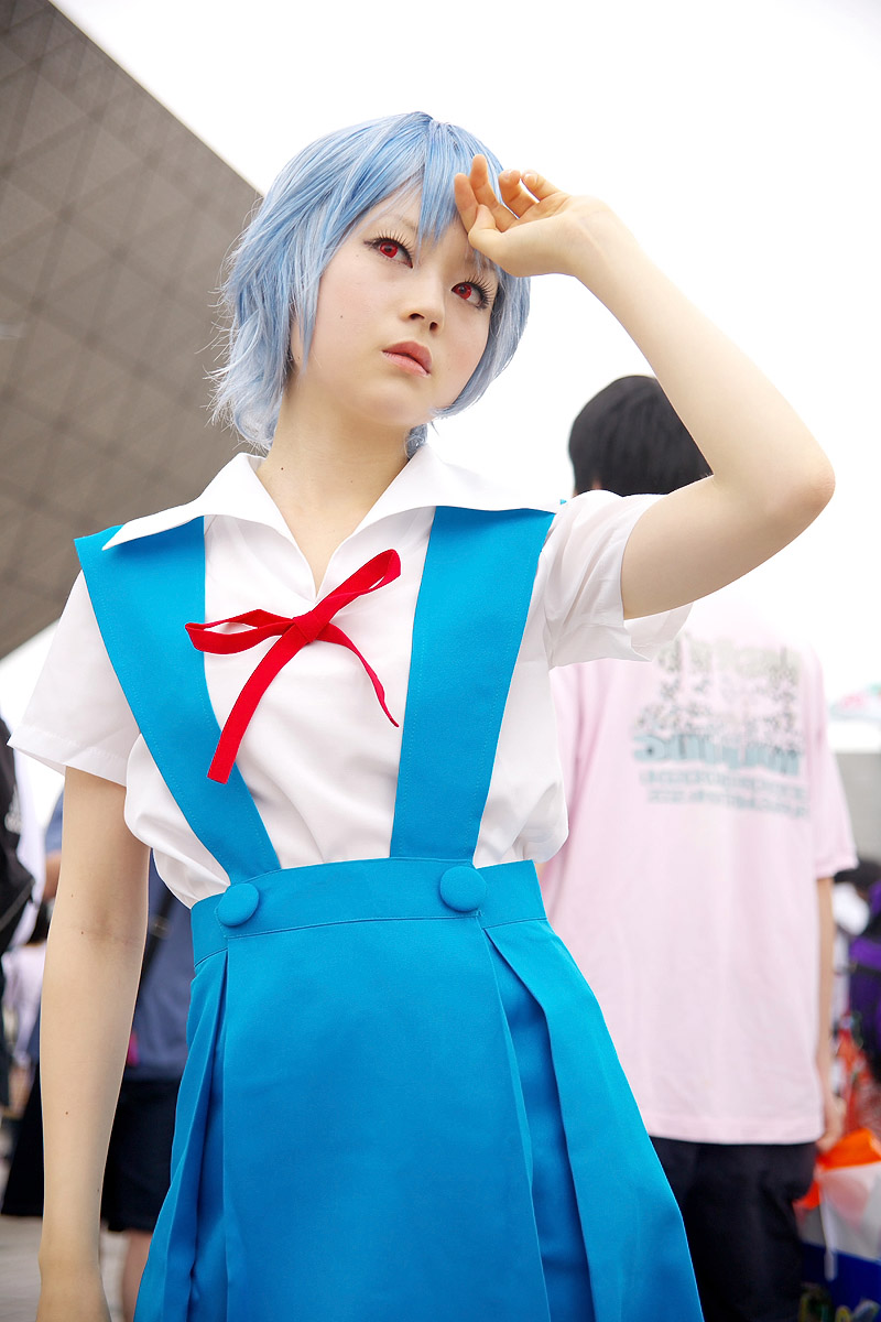 ayanami rei, kanata (model), neon genesis evangelion, highres, photo (medium), blue hair, cosplay, red eyes, school uniform, serafuku, suspenders