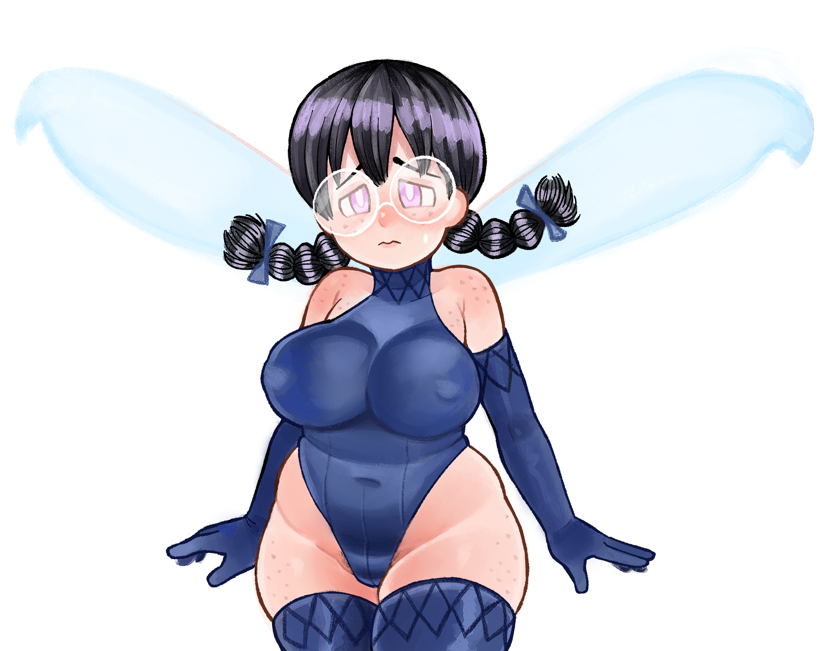drawfag, pixie (megami tensei), ripple star queen, kirby (series), nintendo, shin megami tensei, archived source, highres, 1girl, black hair, blue gloves, blue leotard, bow, braid, breasts, cosplay, covered erect nipples, elbow gloves, fairy, fairy wings, freckles, glasses, gloves, hair bow, large breasts, leotard, long hair, low twin braids, pixie (megami tensei) (cosplay), pubic hair, pubic hair peek, purple eyes, twin braids, wings