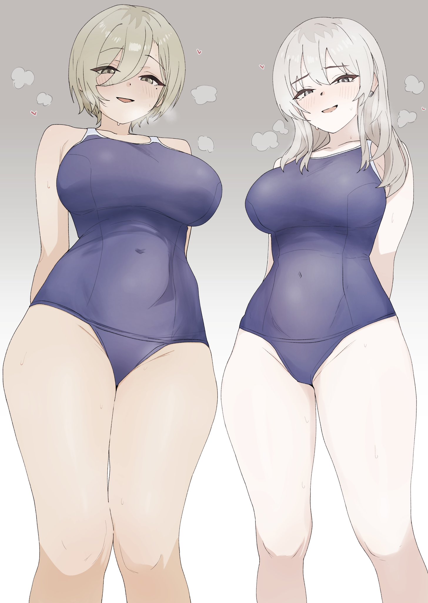 n nai nai n, kawaragi momoka, rupa (girls band cry), girls band cry, highres, 2girls, arms behind back, blue one-piece swimsuit, breasts, brown eyes, collarbone, covered navel, cowboy shot, dark-skinned female, dark skin, earclip, from below, gradient background, green eyes, green hair, grey background, grey hair, hair between eyes, large breasts, light blush, long hair, looking at viewer, loving aura, mole, mole under eye, multicolored hair, multiple girls, one-piece swimsuit, open mouth, raised eyebrows, raised inner eyebrows, roots (hair), school swimsuit, short hair, smile, steaming body, sweat, swimsuit