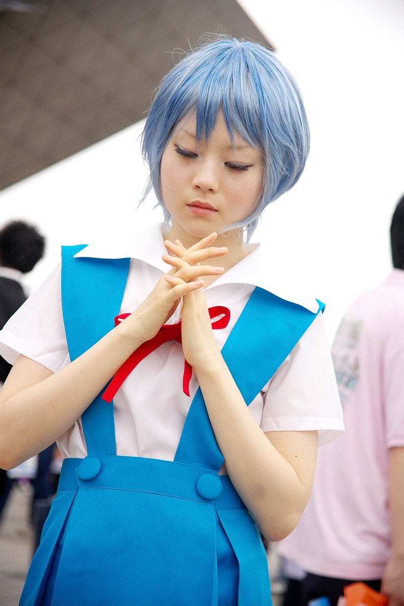ayanami rei, kanata (model), neon genesis evangelion, highres, photo (medium), blue hair, cosplay, school uniform, serafuku, suspenders