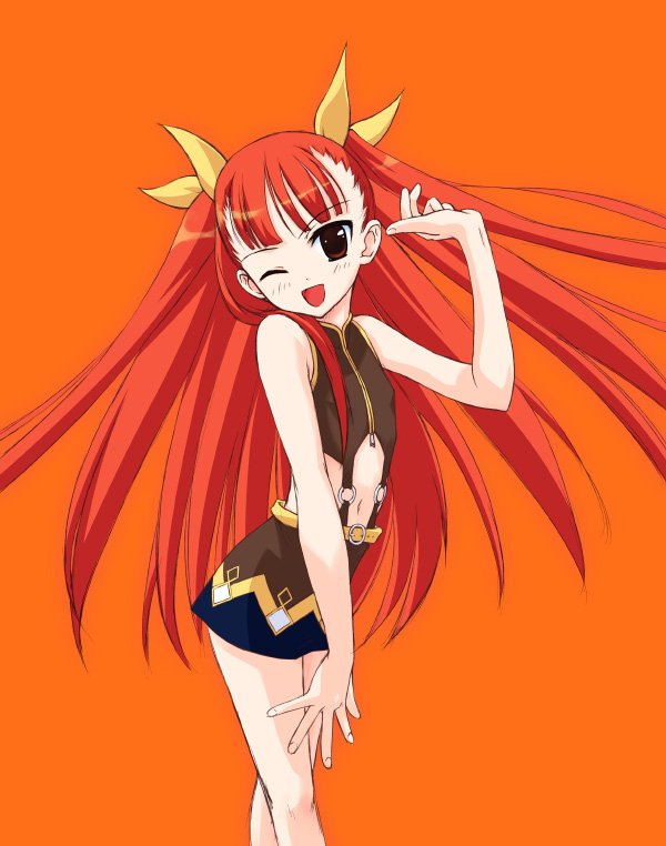 kashiwagi kazuhiro, anya cocolova, mahou sensei negima!, 00s, brown hair, navel, one eye closed, red hair, solo, wink