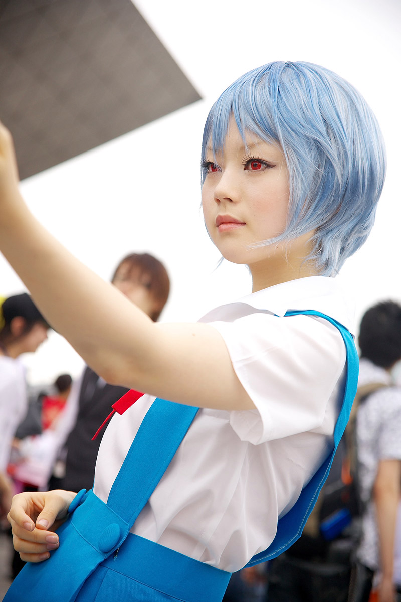 ayanami rei, kanata (model), neon genesis evangelion, highres, photo (medium), blue hair, cosplay, red eyes, school uniform, serafuku, suspenders