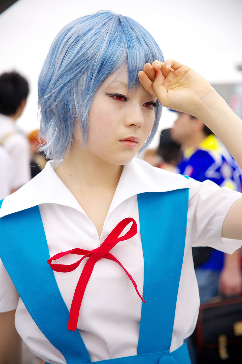 ayanami rei, kanata (model), neon genesis evangelion, highres, photo (medium), blue hair, cosplay, red eyes, school uniform, serafuku, suspenders