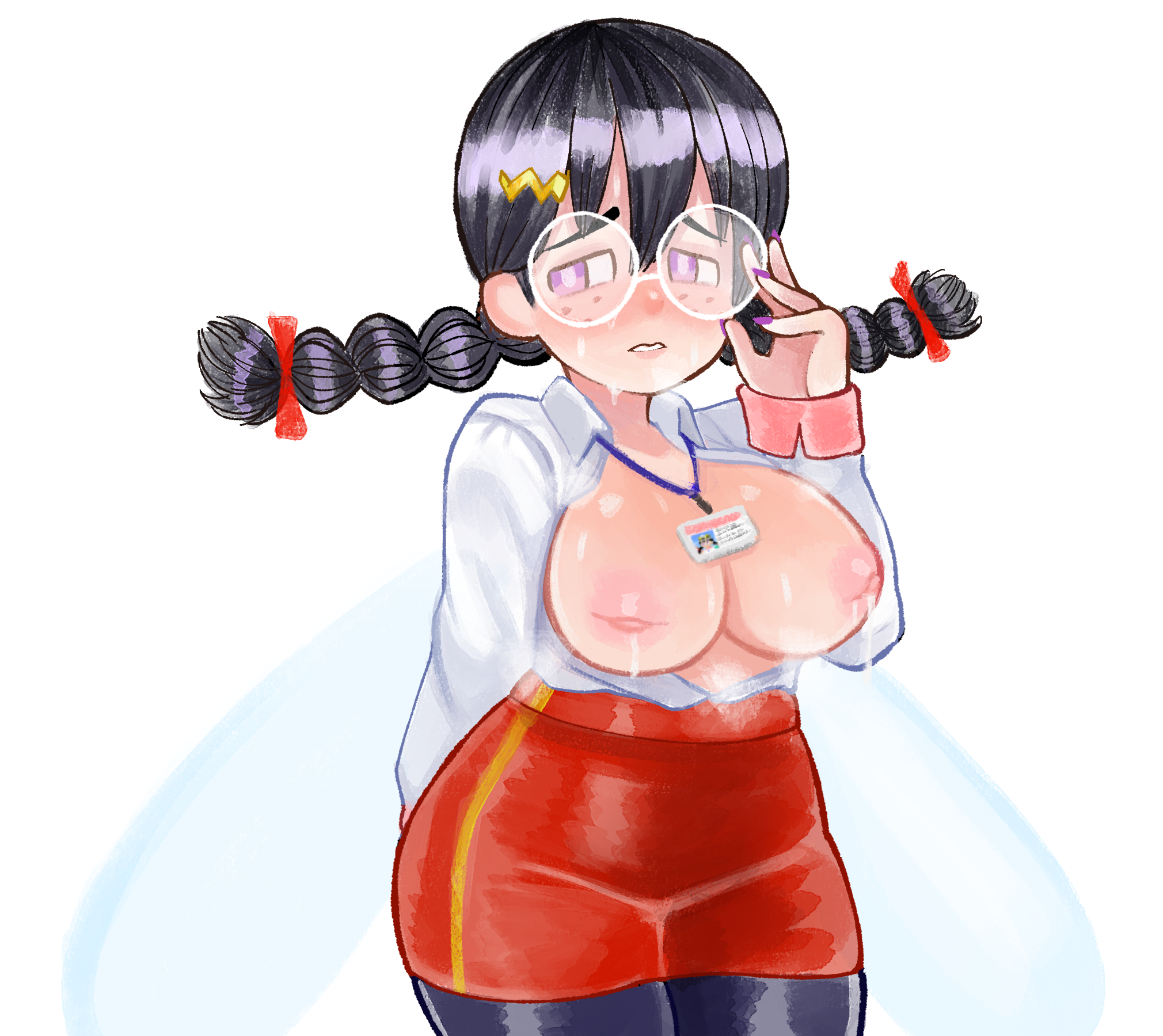 drawfag, ripple star queen, kirby (series), kirby 64, nintendo, archived source, highres, 1girl, black hair, bow, braid, breasts, collared shirt, freckles, glasses, hair bow, hair ornament, hairpin, large breasts, nail polish, name tag, nipples, office lady, pantyhose, parted lips, purple eyes, purple nails, red skirt, see-through clothes, see-through shirt, shirt, simple background, skirt, solo, sweat, twin braids, underwear, white shirt