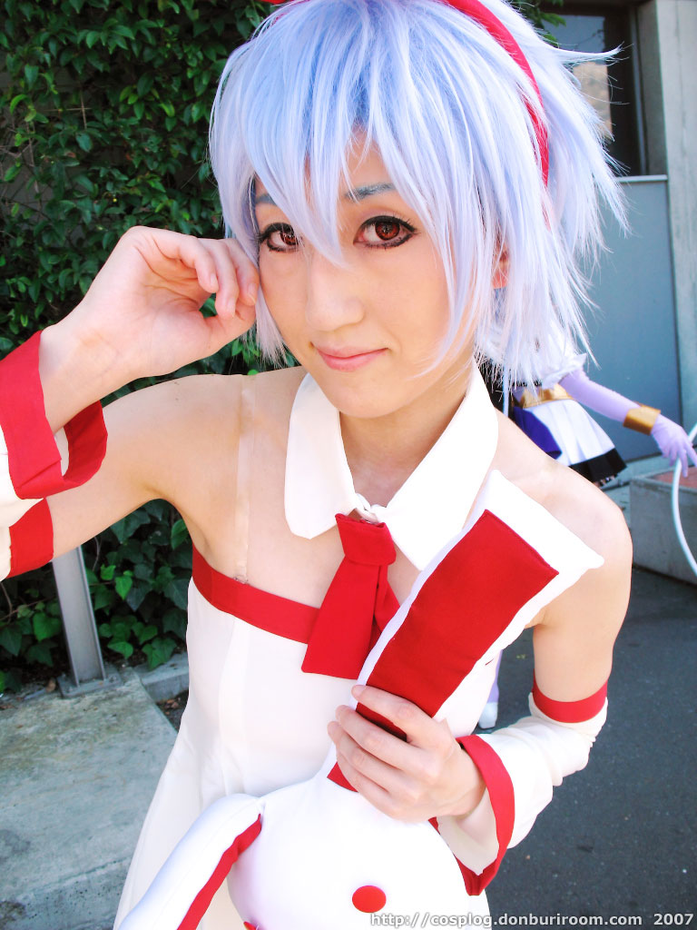 asana, pleinair, photo (medium), blue hair, bow, cosplay, dress, hair bow, stuffed animal, stuffed rabbit, stuffed toy