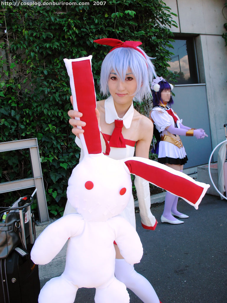 asana, pleinair, photo (medium), blue hair, bow, cosplay, dress, hair bow, stuffed animal, stuffed rabbit, stuffed toy, thighhighs
