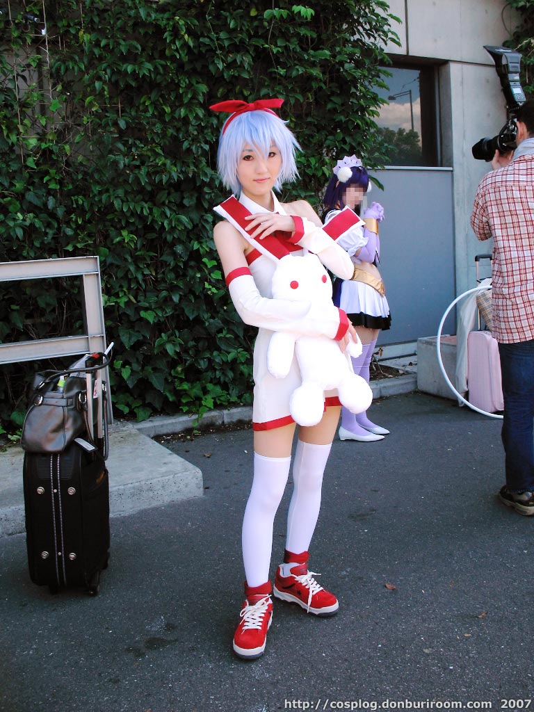 asana, pleinair, photo (medium), blue hair, bow, cosplay, dress, hair bow, stuffed animal, stuffed rabbit, stuffed toy, thighhighs