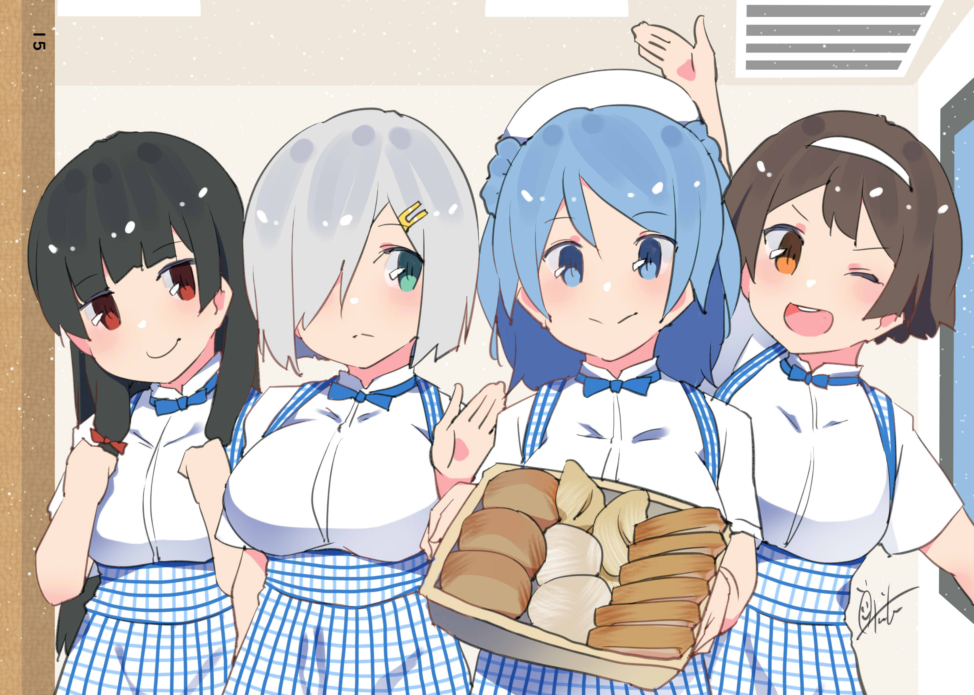 inica, hamakaze (kancolle), isokaze (kancolle), tanikaze (kancolle), urakaze (kancolle), kantai collection, kobeya, absurdres, highres, 4girls, apron, basket, black hair, blue apron, blue bow, blue eyes, blue hair, blue skirt, blush, bow, bowtie, bread, breasts, brown eyes, brown hair, checkered apron, checkered clothes, day, double bun, employee uniform, food, gingham, gingham apron, gingham skirt, grey hair, hair bun, hair ornament, hair over one eye, hair ribbon, hairband, hairclip, hat, high-waist skirt, holding, holding basket, indoors, kobeya uniform, large breasts, long hair, looking at viewer, multiple girls, pleated shirt, pleated skirt, red eyes, ribbon, shirt, short hair, short sleeves, skirt, smile, waitress, white hat, white shirt, window