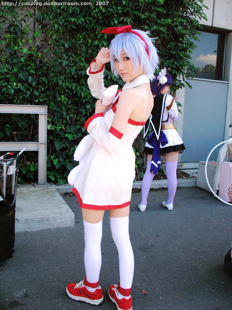 asana, pleinair, photo (medium), blue hair, bow, cosplay, dress, hair bow, stuffed animal, stuffed rabbit, stuffed toy, thighhighs