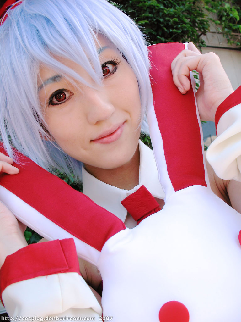 asana, pleinair, photo (medium), blue hair, bow, cosplay, dress, hair bow, stuffed animal, stuffed rabbit, stuffed toy