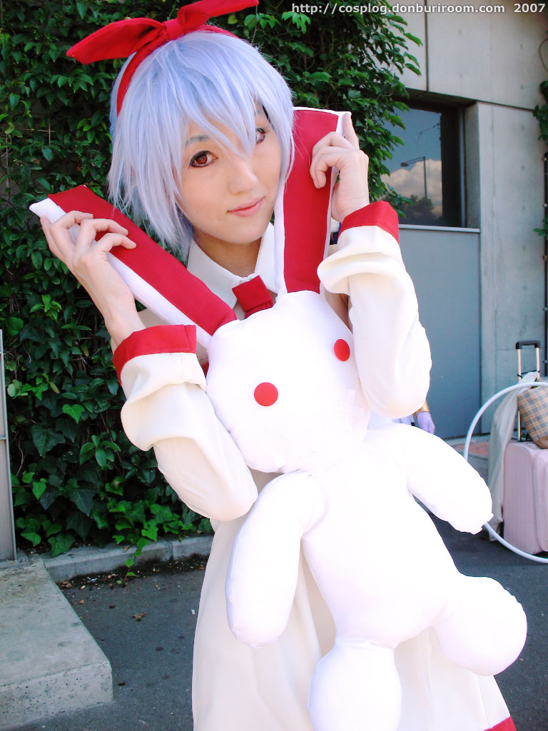 asana, pleinair, photo (medium), blue hair, bow, cosplay, dress, hair bow, stuffed animal, stuffed rabbit, stuffed toy