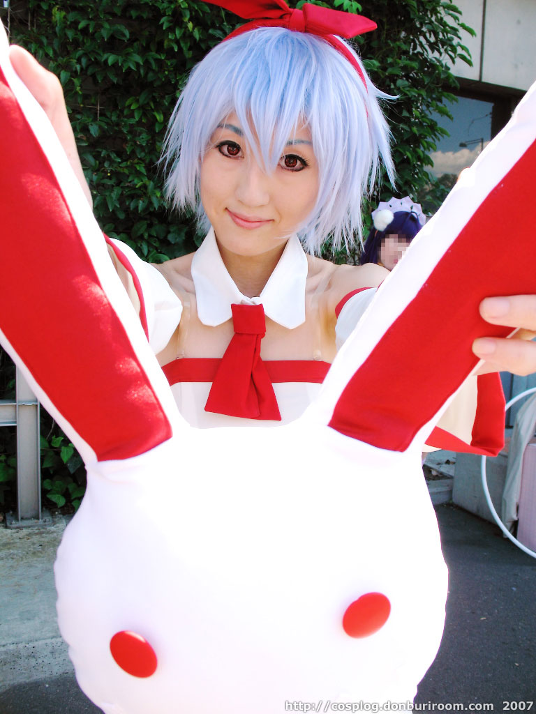 asana, pleinair, photo (medium), blue hair, bow, cosplay, dress, hair bow, stuffed animal, stuffed rabbit, stuffed toy