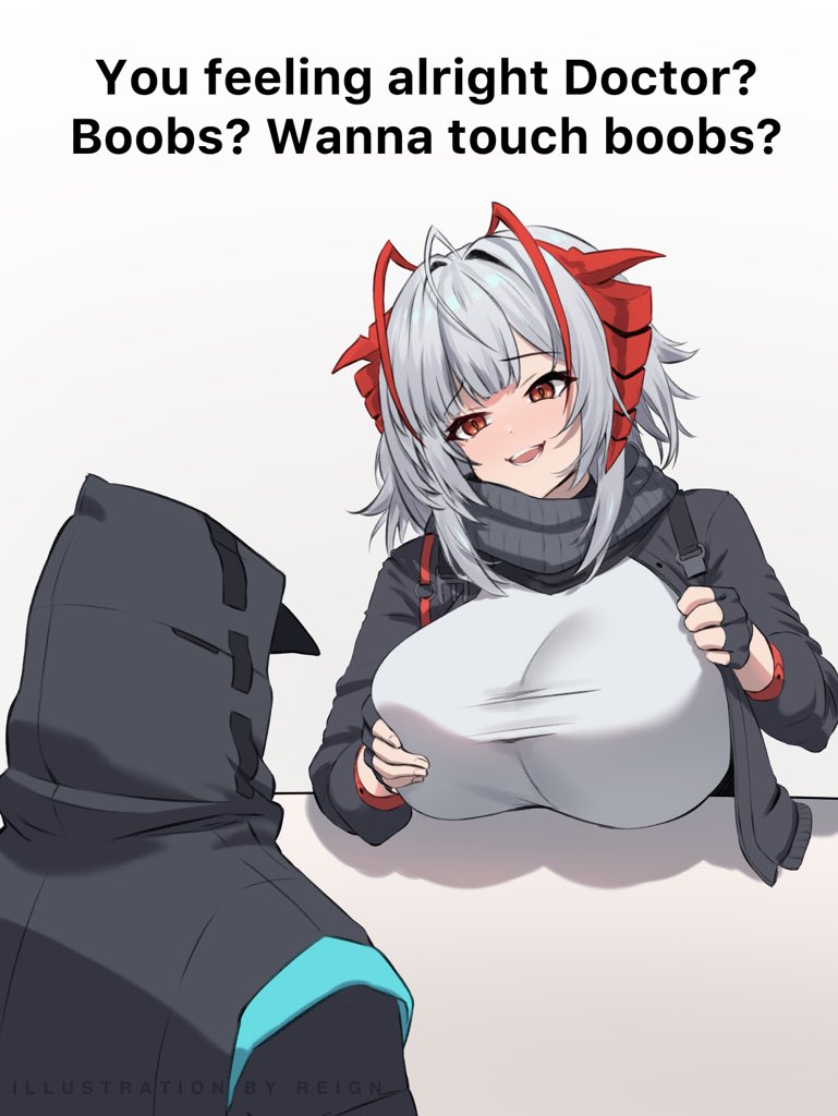 admiral reign, doctor (arknights), w (arknights), arknights, 1girl, 1other, antenna hair, black gloves, black jacket, boobs? wanna touch boobs? (meme), breasts, demon horns, english text, fingerless gloves, gloves, grey hair, holding, hood, horns, jacket, large breasts, meme, multicolored hair, open mouth, red eyes, red hair, shirt, short hair, simple background, white background