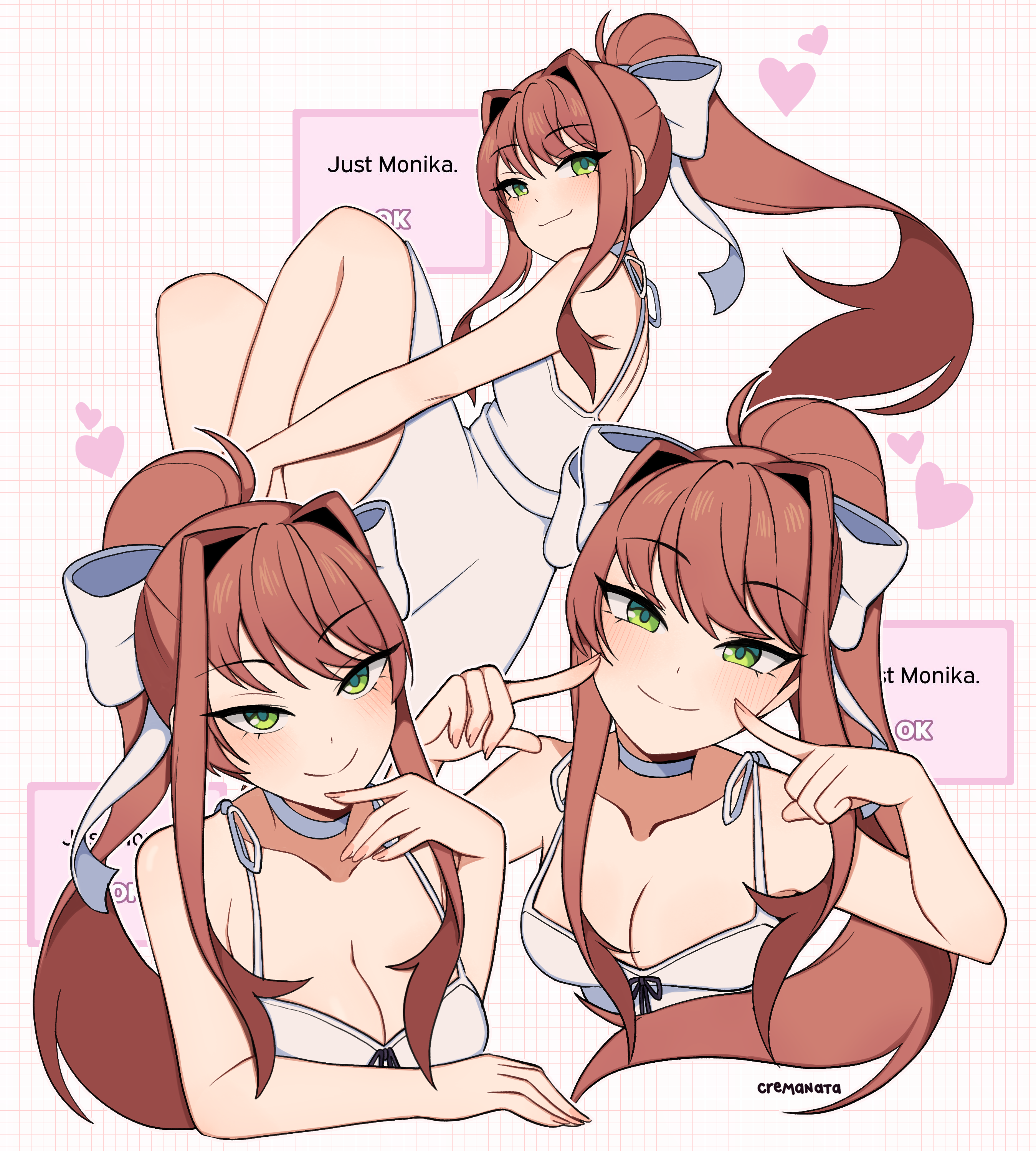 cremanata, monika (doki doki literature club), doki doki literature club, absurdres, highres, 1girl, artist name, bare shoulders, bow, breasts, brown hair, character name, cheek poking, choker, cleavage, closed mouth, collarbone, dress, english text, green eyes, hair bow, hair intakes, hair ribbon, heart, long hair, looking at viewer, medium breasts, multiple views, poking, ponytail, ribbon, smile, smug, white bow, white choker, white dress, white ribbon