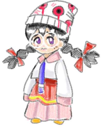 drawfag, ripple star queen, kirby (series), kirby 64, nintendo, archived source, 1girl, beanie, black hair, braid, freckles, glasses, hat, long hair, long skirt, looking at viewer, low twin braids, pink skirt, purple eyes, skirt, sleeves past fingers, sleeves past wrists, twin braids