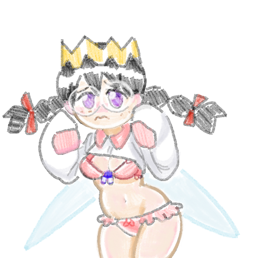 drawfag, ripple star queen, kirby (series), kirby 64, nintendo, archived source, 1girl, bikini, black hair, braid, crown, fairy, fairy wings, freckles, glasses, long hair, looking at viewer, low twin braids, midriff, pink bikini, purple eyes, sleeves past fingers, sleeves past wrists, swimsuit, twin braids, wings
