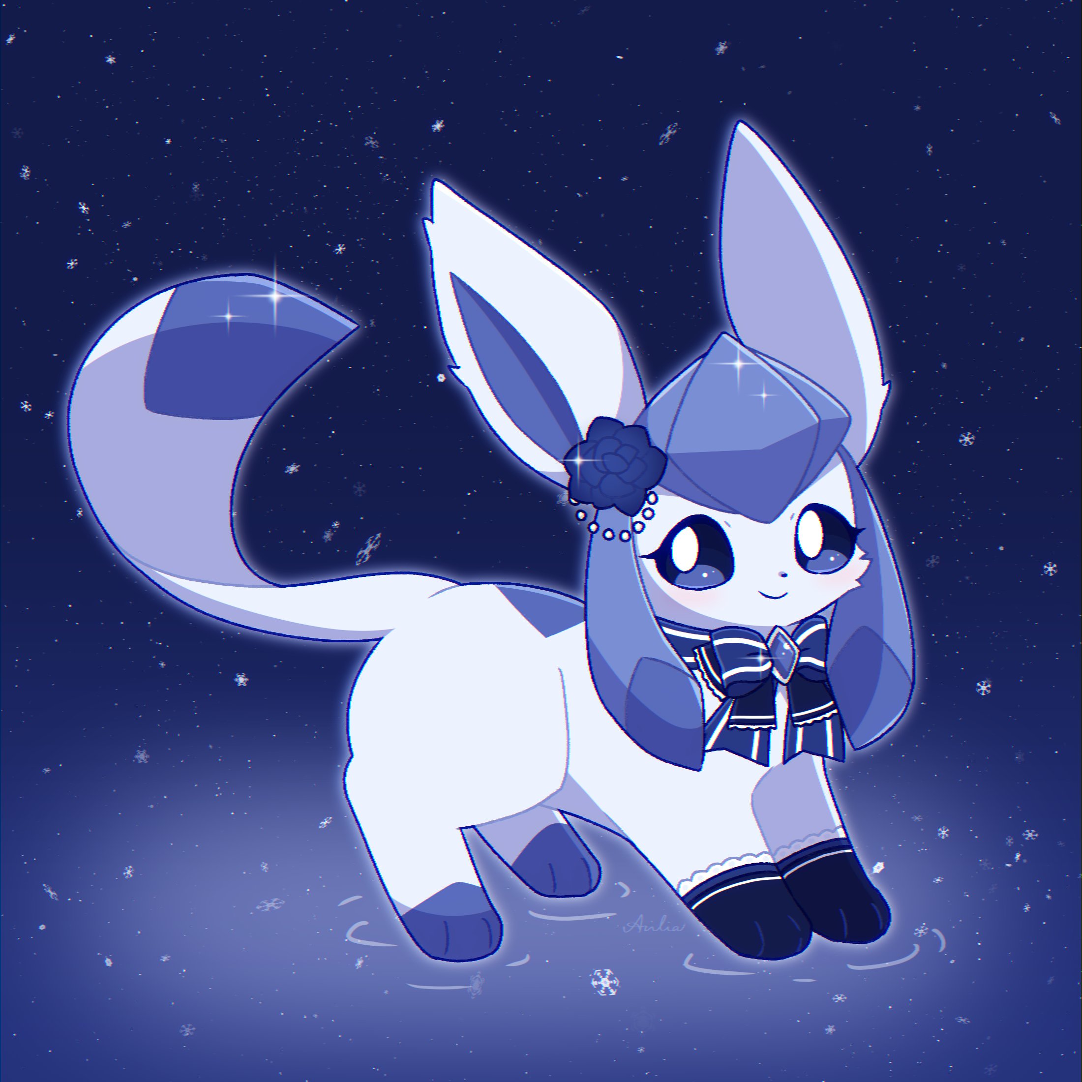 glaceon, nintendo, pokemon, highres, animal focus, blue eyes, blue fur, blush, closed mouth, flower, full body, gen 4 pokemon, hrf ailia, no humans, pokemon (creature), pokemon focus, smile, solo, tail
