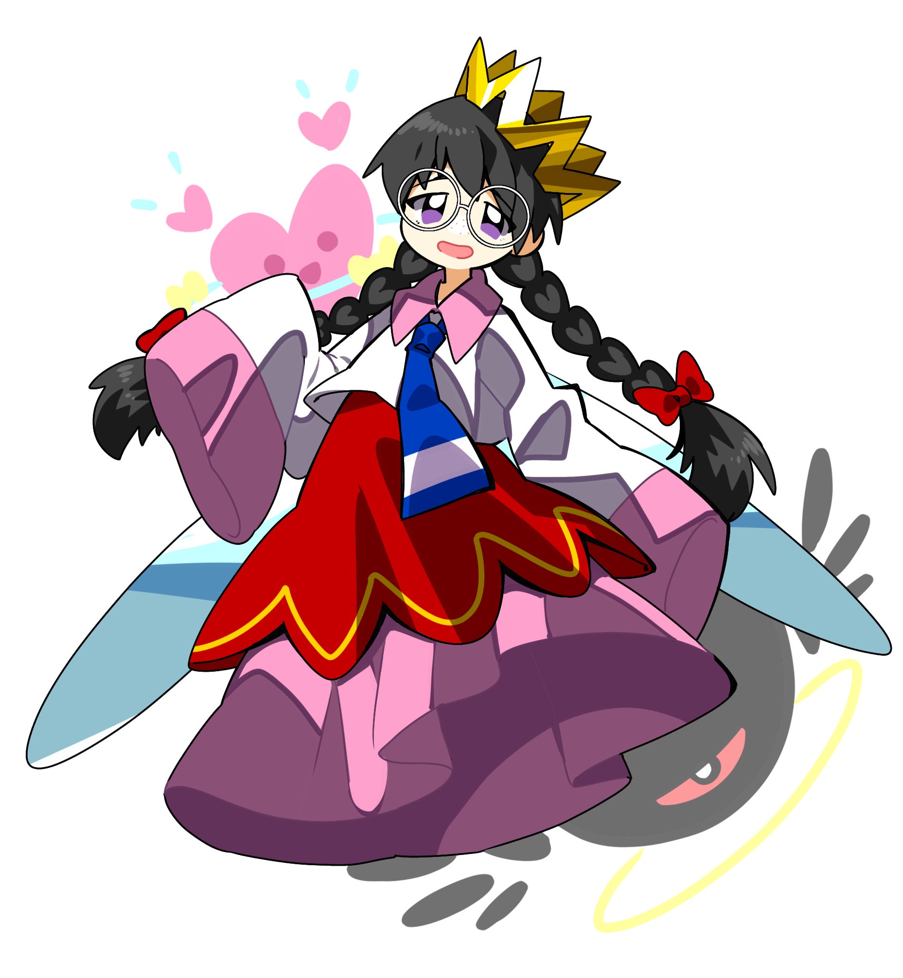 kamota (momokomati), ripple star queen, zero two (kirby), kirby (series), kirby 64, nintendo, bad id, bad pixiv id, highres, 1girl, black hair, bow, braid, crown, fairy, fairy wings, freckles, glasses, hair bow, halo, long hair, long skirt, looking at viewer, low twin braids, one-eyed, open mouth, pink skirt, purple eyes, red bow, red eyes, ripple star, skirt, sleeves past fingers, sleeves past wrists, twin braids, wings