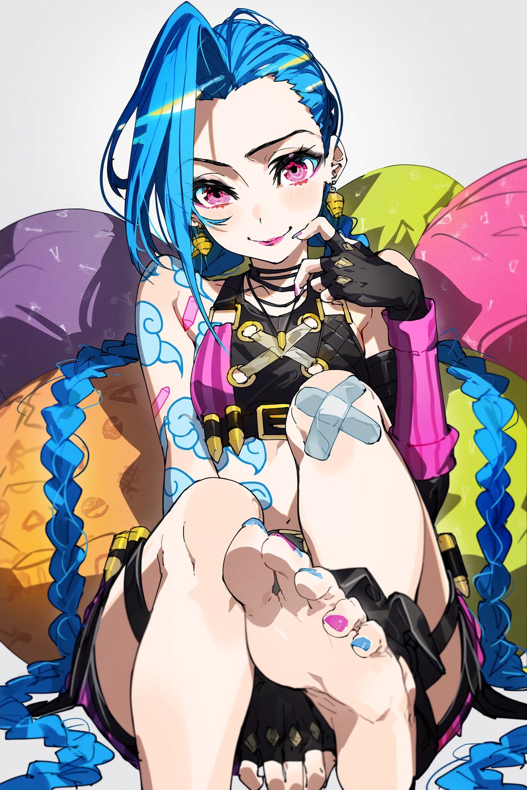 randomscribblas, jinx (league of legends), league of legends, highres, 1girl, arm tattoo, asymmetrical bangs, asymmetrical hair, bandaid, bandaid on knee, bandaid on leg, bare shoulders, barefoot, black gloves, blue hair, blue nails, blush, braid, breasts, bullet necklace, cloud tattoo, crop top, earrings, eyelashes, feet, fingerless gloves, foot focus, foot out of frame, forehead, gloves, grey background, hand up, jewelry, knees up, long hair, looking at viewer, nail polish, necklace, on ground, pink eyes, pink lips, purple nails, shoulder tattoo, simple background, sitting, small breasts, smile, soles, solo, stomach tattoo, tattoo, thigh strap, toenail polish, toenails, toes, twin braids, very long hair