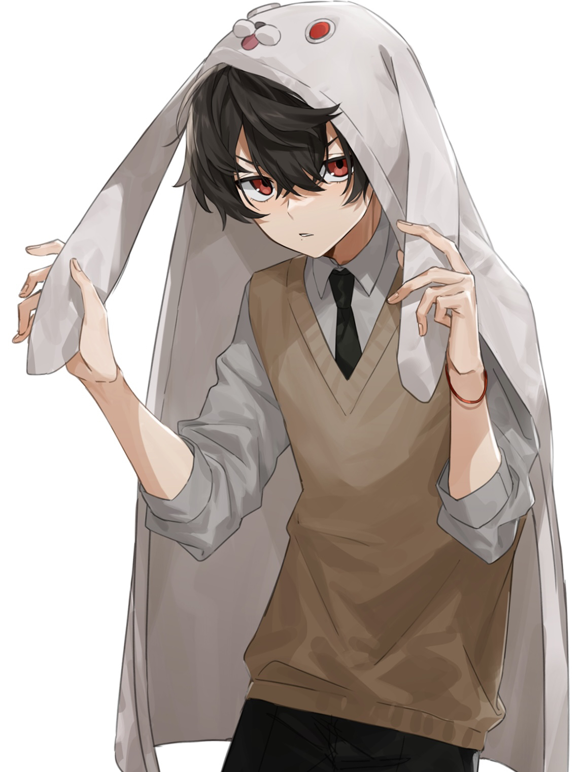 akagiasami, original, highres, 1boy, animal hood, bishounen, black necktie, black pants, bracelet, brown sweater vest, collared shirt, cowlick, double-parted bangs, hair between eyes, hands up, holding, hood, jewelry, looking at viewer, male focus, necktie, pants, parted lips, rabbit hood, red eyes, shirt, short hair, simple background, solo, standing, sweater vest, three-quarter sleeves, v-neck, v-shaped eyebrows, white background, white shirt, wing collar
