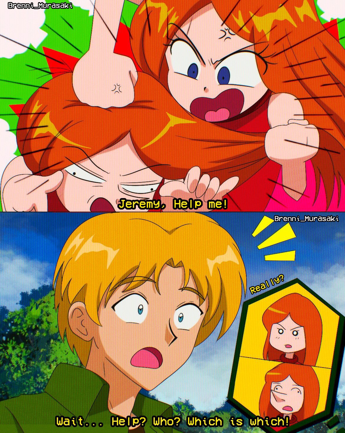 brenni murasaki, candace flynn, jeremy johnson, phineas and ferb, highres, 1990s (style), 1boy, 1girl, anger vein, animification, blue eyes, brown hair, clone, long hair, looking at viewer, multiple girls, orange hair, red shirt, retro artstyle, scene reference, shirt, sky, sleeveless, sleeveless shirt, tree