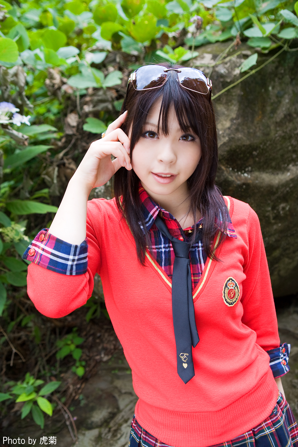 katou mari, plaid, highres, photo (medium), cosplay, necktie, pleated skirt, school uniform, serafuku, skirt, sunglasses, sweater