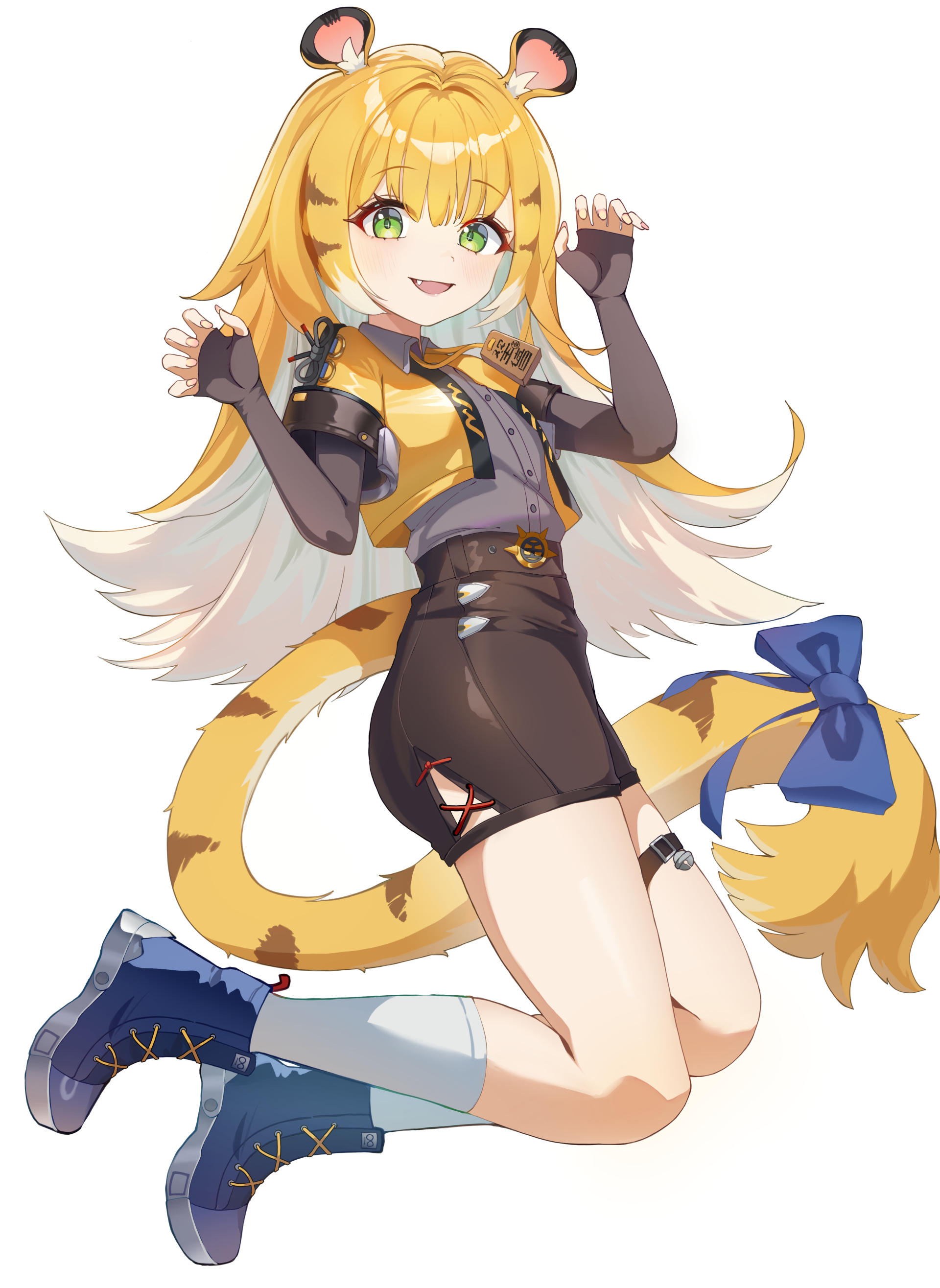 cpcp, ju fufu, zenless zone zero, absurdres, highres, 1girl, animal ear fluff, animal ears, blonde hair, gloves, green eyes, jacket, long hair, looking at viewer, multicolored hair, open mouth, shirt, shorts, smile, solo, tail, tiger ears, tiger girl, tiger tail