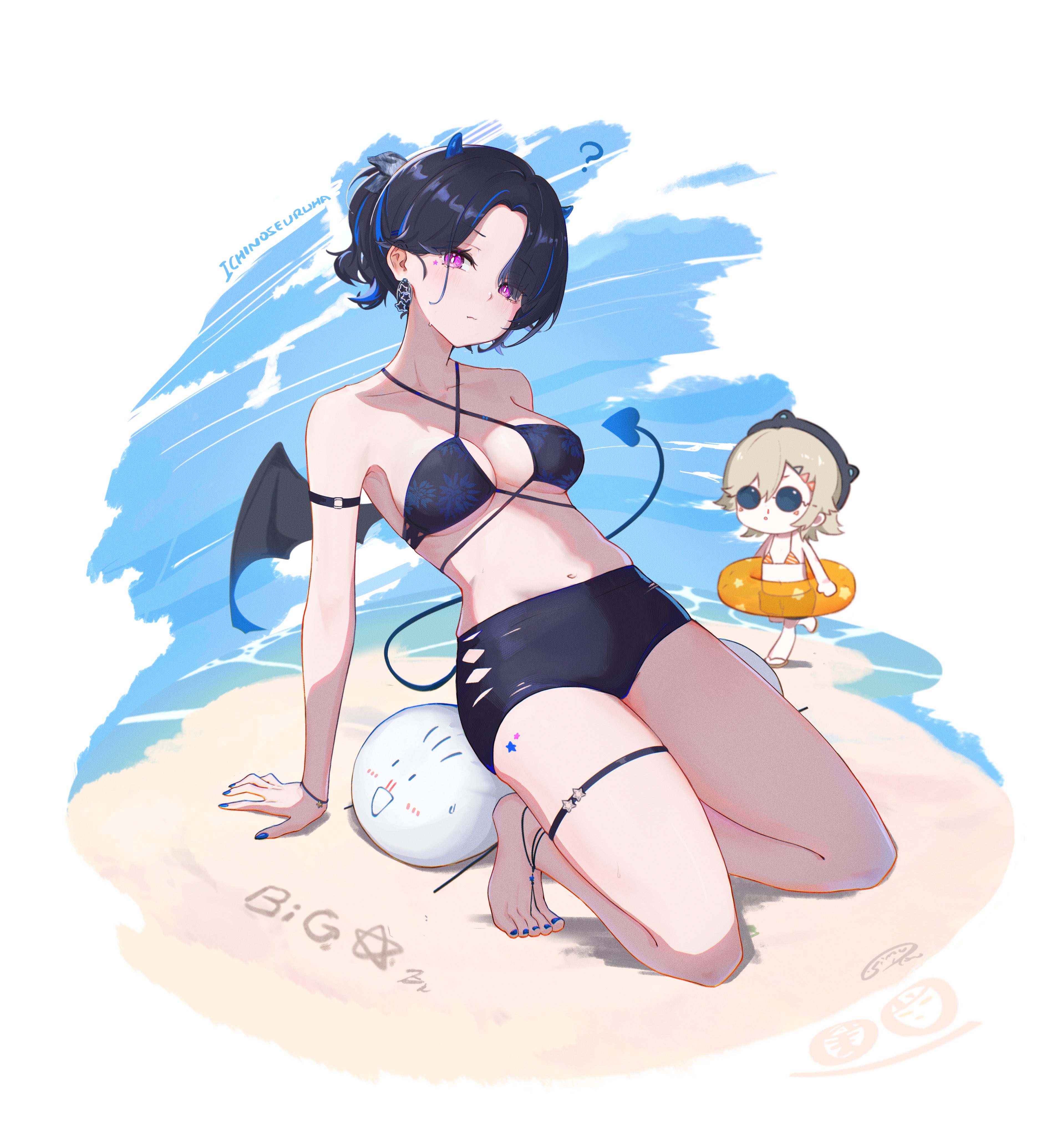 simuyutou, ichinose uruha, komori met, vspo!, absurdres, commentary request, highres, 2girls, ?, alternate hairstyle, anklet, arm support, barefoot, barefoot sandals (jewelry), bat wings, beach, bikini, black bikini, black hair, blonde hair, blue horns, blue nails, bracelet, breasts, cleavage, curtained hair, earrings, facial mark, heart, heart tail, horns, innertube, jewelry, lace shirt, looking at viewer, micro shorts, multicolored hair, multiple girls, nail polish, nape, navel, parted lips, ponytail, purple eyes, round eyewear, short hair, short ponytail, shorts, single earring, small horns, solo focus, star (symbol), star earrings, streaked hair, swim ring, swimsuit, tail, thigh strap, thighs, virtual youtuber, white background, wings