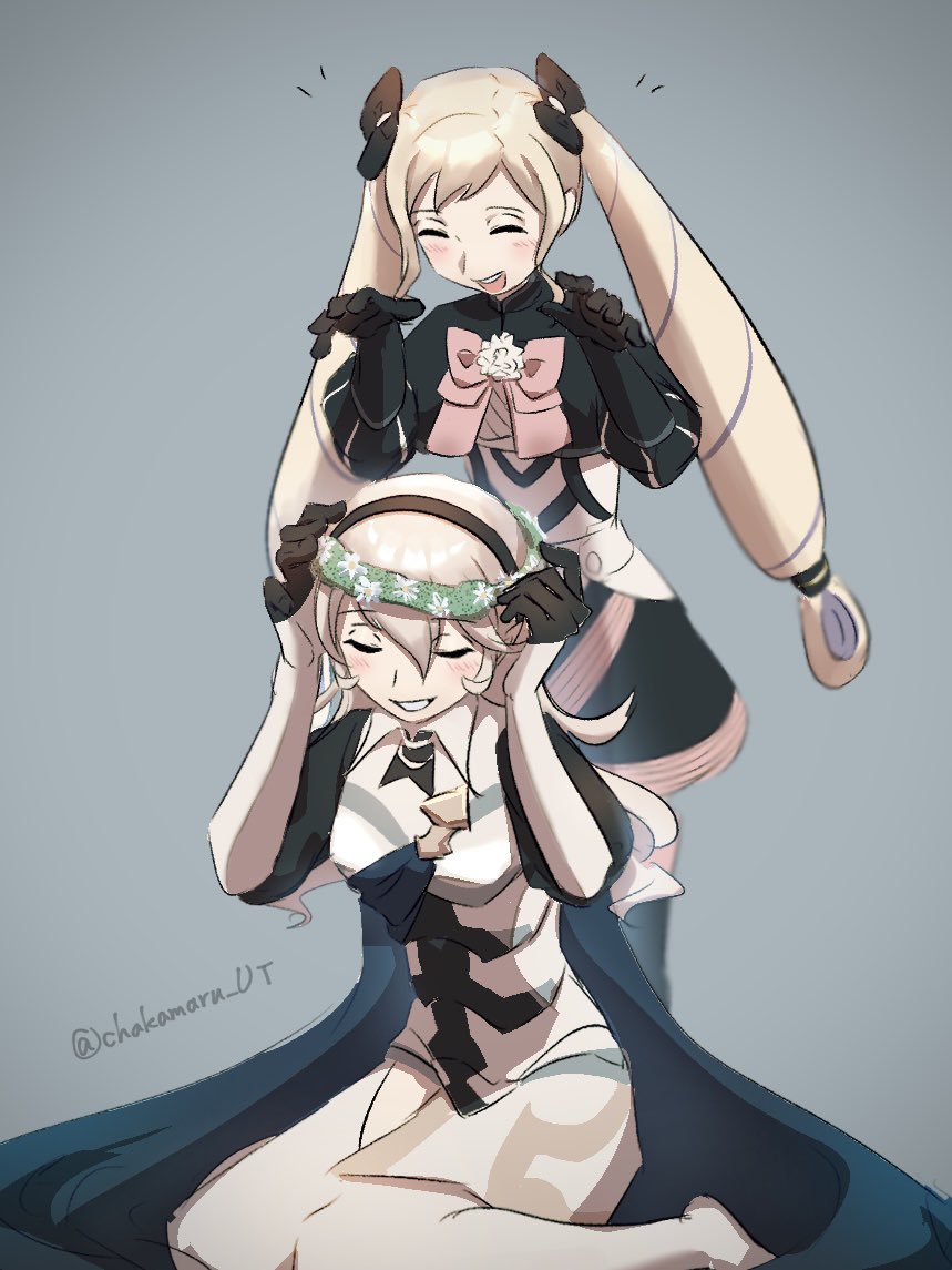 chakamaru ut, elise (fire emblem), female corrin (fire emblem), fire emblem, fire emblem fates, nintendo, 2girls, adoptive siblings, armor, armored leotard, black gloves, black hairband, blonde hair, blue cape, blush, bow, breasts, cape, closed eyes, dress, drill hair, gloves, grey hair, hair between eyes, hair bow, hairband, head wreath, leotard, long hair, medium breasts, multicolored hair, multiple girls, open mouth, pointy ears, purple hair, siblings, simple background, sisters, sitting, smile, teeth, twin drills, twintails, wariza