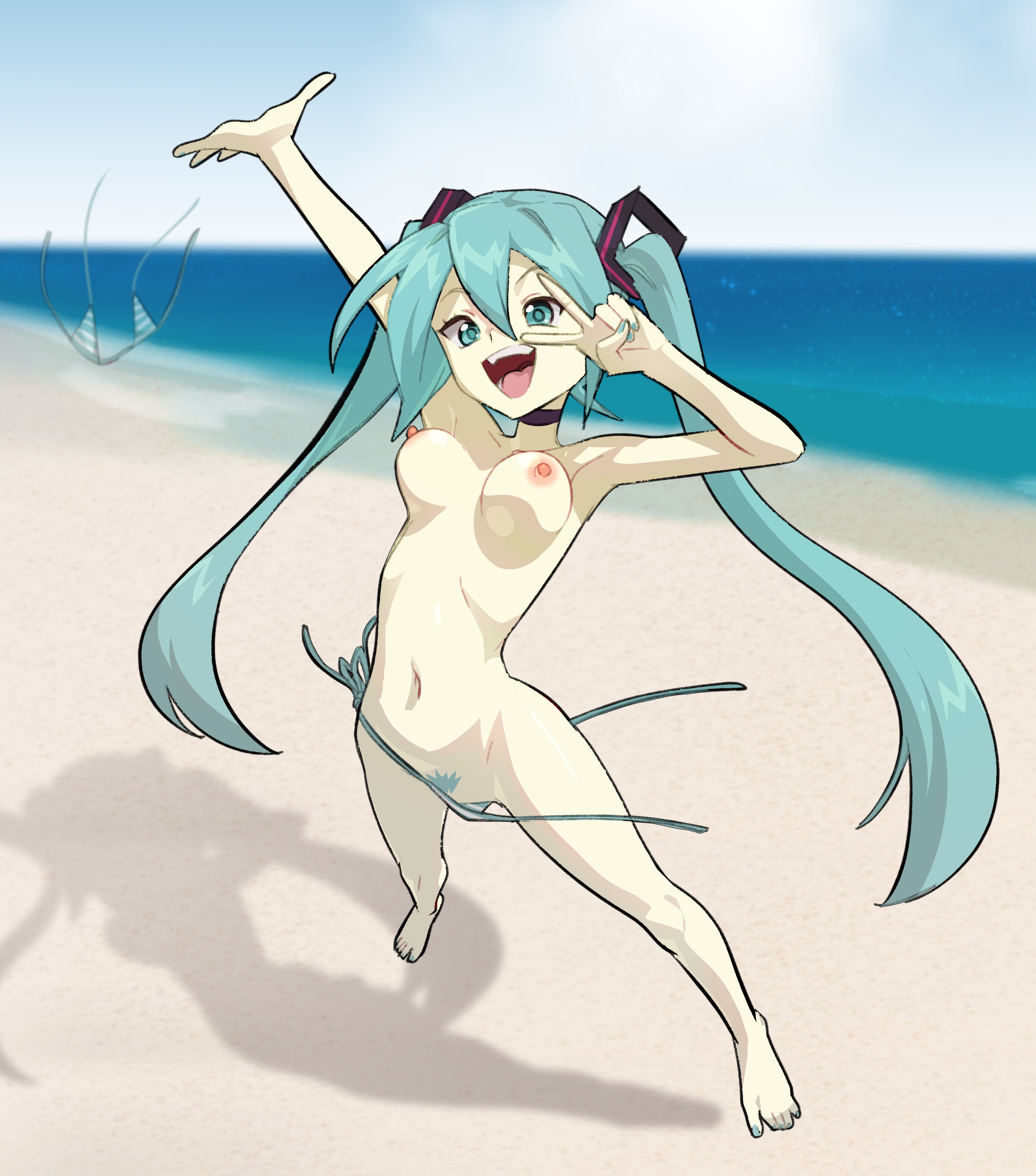 maho malice, hatsune miku, vocaloid, absurdres, highres, 1girl, aqua eyes, aqua hair, barefoot, beach, black choker, breasts, choker, long hair, medium breasts, navel, nipples, ocean, open mouth, outdoors, pubic hair, sand, solo, teeth, twintails, undressing, v, v over eye