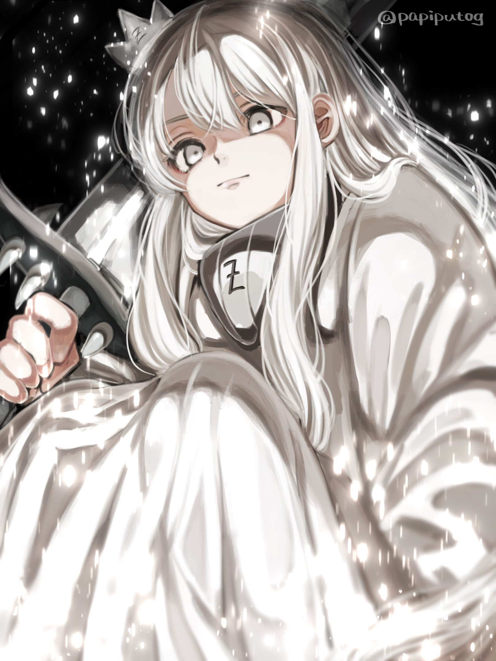 hoaqin, tower of god, highres, 1boy, black background, colored eyelashes, crest, crown, family crest, grey eyes, holding, holding sword, holding weapon, long hair, long sleeves, looking at viewer, male focus, mini crown, pale skin, papiputog, robe, sitting, solo, sword, twitter username, underlighting, weapon, white eyelashes, white hair, white robe