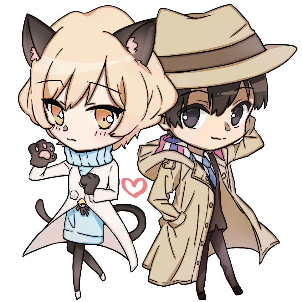 moritsuka shun, occultic;nine, science adventure, animal ears, animal hands, black hair, black pantyhose, blonde hair, blue sweater, cat ears, cat tail, chibi, coat, dress, fedora, formal clothes, gloves, hat, jacket, kisaki asuna, pantyhose, paw gloves, ribbed sweater, shoes, short hair, simple background, smile, suit, suit jacket, suit pants, sweater, sweater dress, tail, turtleneck, turtleneck sweater, white shoes, yuka 4092