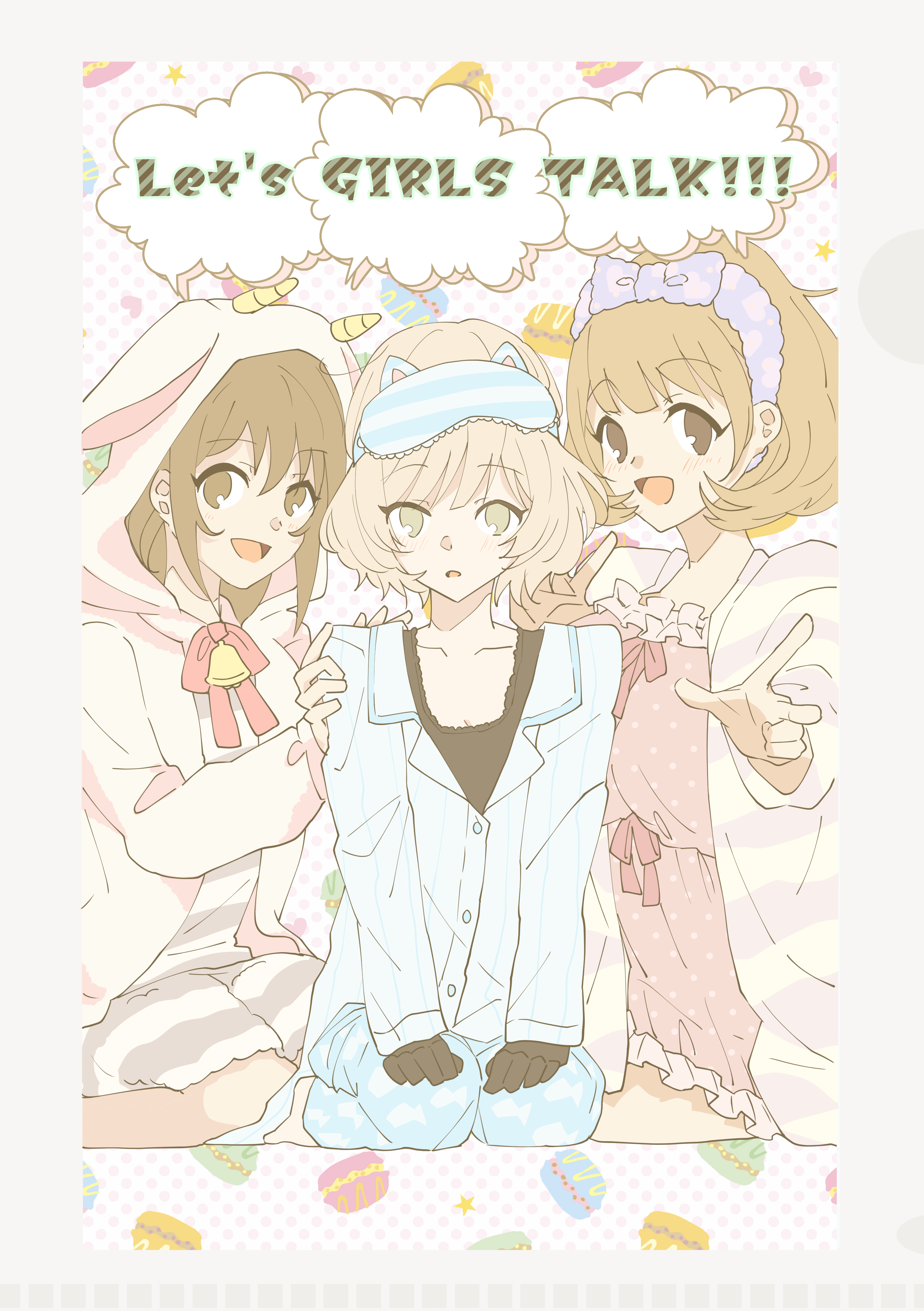 aikawa miyuu, narusawa ryouka, occultic;nine, science adventure, absurdres, clothing request, highres, 3girls, :o, animal ear hood, animal print, black gloves, blonde hair, blue pants, blunt bangs, blush, breasts, brown hair, fake animal ears, fish print, gloves, hairband, happy, hood, hood up, kisaki asuna, large breasts, multiple girls, pajamas, pants, polka dot, polka dot hairband, polka dot pajamas, purple hairband, shy, sidelocks, small breasts, smile, tongue, yuka 4092