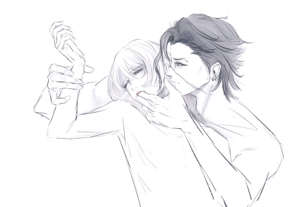silver and blood, 2boys, cain (silver and blood), closed mouth, finger in another's mouth, greyscale, hair between eyes, head tilt, holding another's arm, male focus, meimei (rin aichan), mole, mole under eye, monochrome, multiple boys, noah nevernight, pointy nose, scar, scar on face, short hair, simple background, smile, topless male, upper body, white background, yaoi