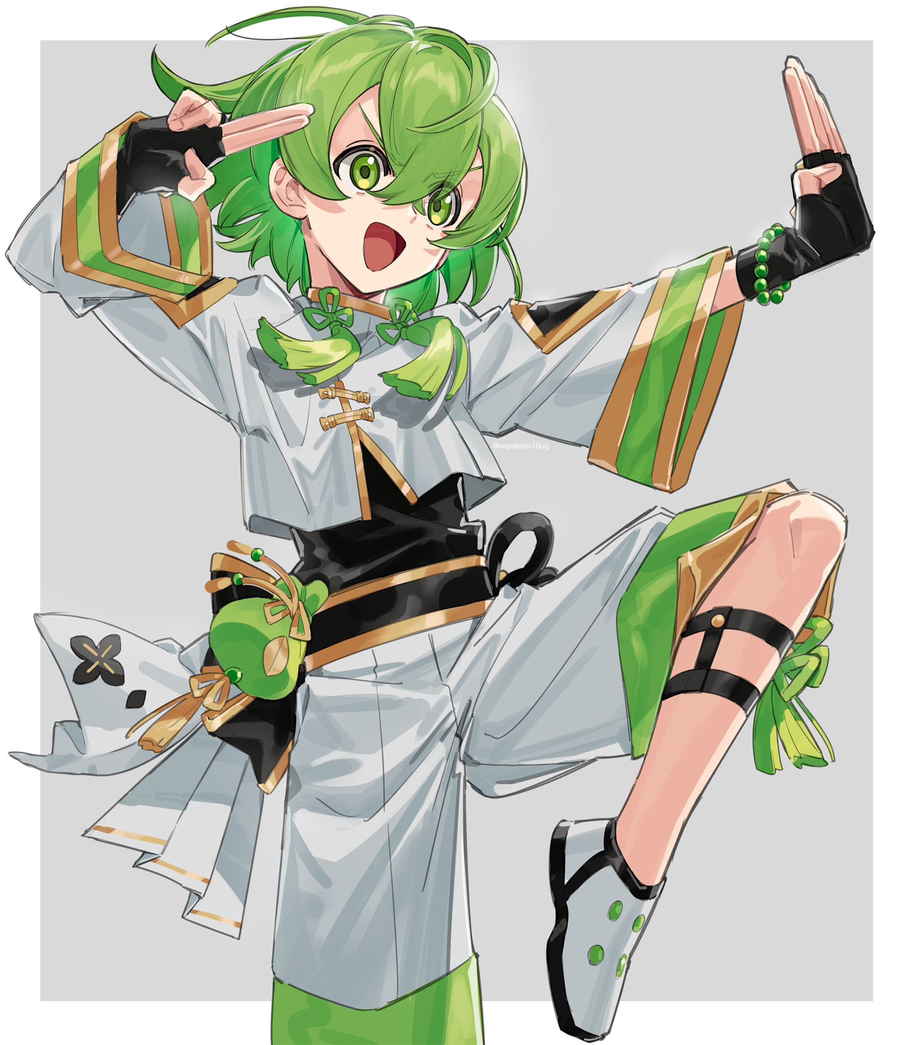 akagiasami, original, highres, 1other, :d, androgynous, arms up, bead bracelet, beads, black gloves, black sash, black shirt, border, bracelet, chinese knot, cowboy shot, crossed bangs, determined, double-parted bangs, fighting stance, fingerless gloves, gloves, gold trim, green eyes, green hair, green trim, grey background, hair between eyes, jewelry, knee up, layered clothes, long sleeves, looking ahead, martial arts, medium hair, open mouth, other focus, outstretched arm, sash, shirt, shoes, shorts, smile, solo, tassel, v-shaped eyebrows, white border, white shirt, white shoes, white shorts, wide sleeves