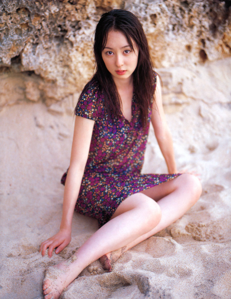 akiyama rina, photo (medium), 1girl, barefoot, beach, dress, feet, female focus, solo, toes