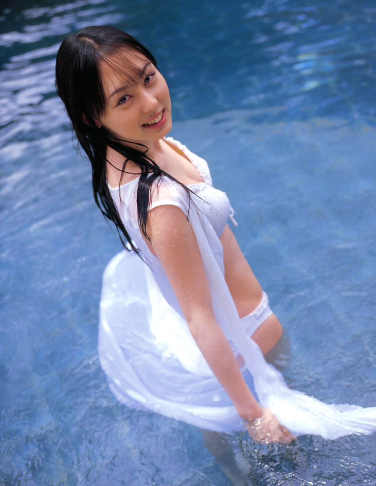 akiyama rina, photo (medium), bikini, dress, open clothes, open dress, pool, swimsuit