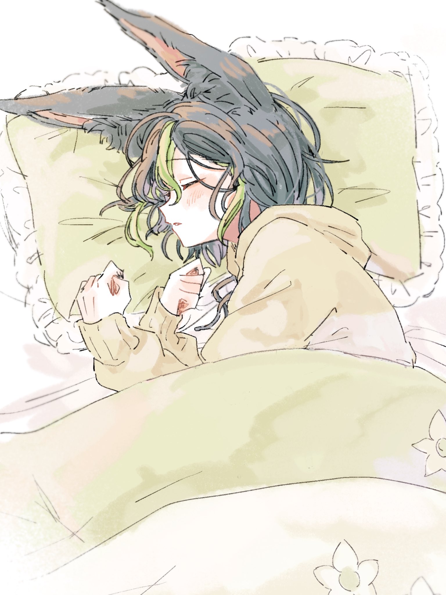 csye003, tighnari (genshin impact), genshin impact, commentary request, highres, 1boy, alternate costume, animal ear fluff, animal ears, bed, bed sheet, black hair, closed eyes, closed mouth, contemporary, fox boy, fox ears, from above, green hair, green hoodie, hood, hoodie, long sleeves, lying, male focus, multicolored hair, on bed, on side, pillow, short hair, sleeping, solo, streaked hair, upper body