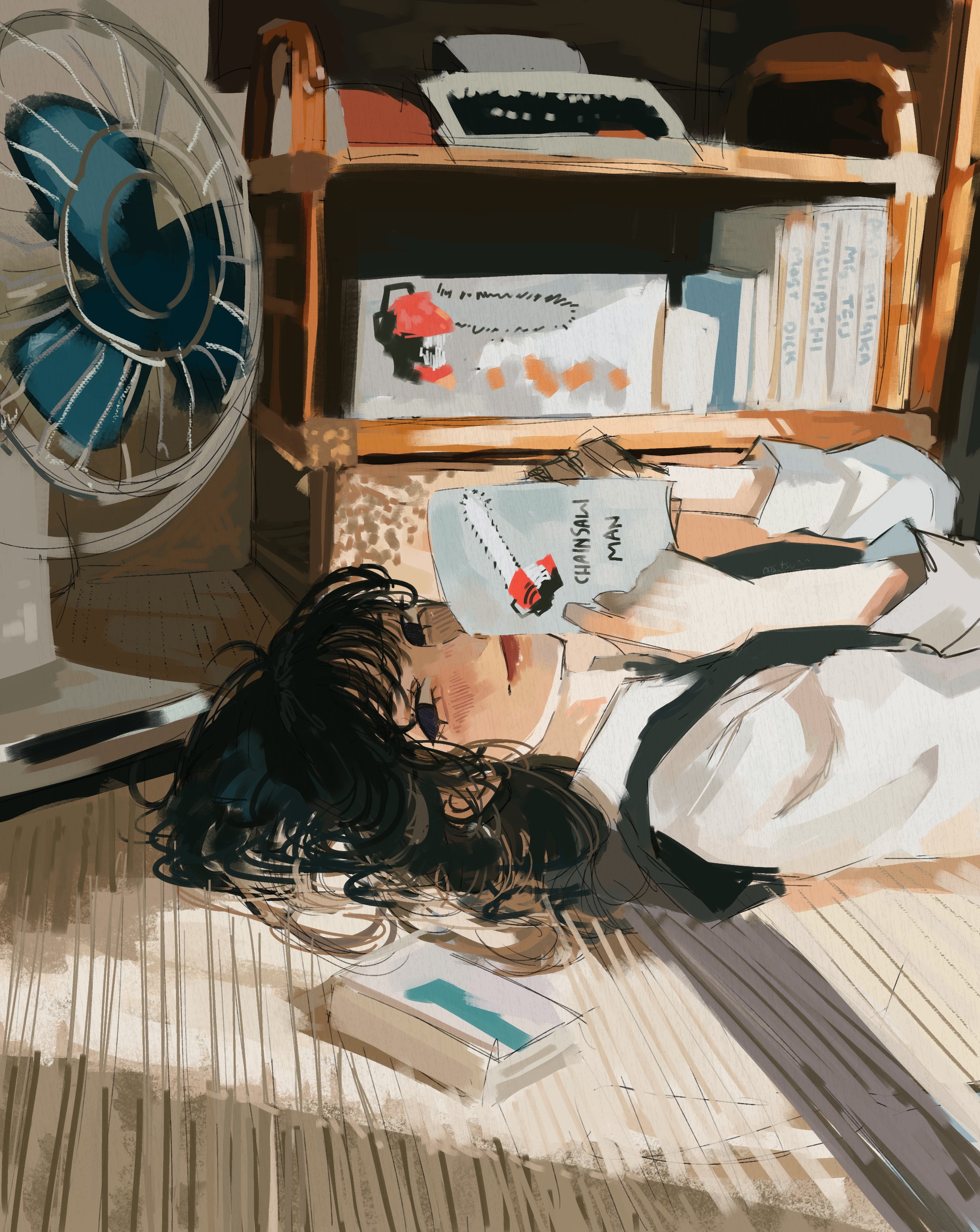 ms. tsu, denji (chainsaw man), mitaka asa, chainsaw man, absurdres, commentary, english commentary, highres, 1girl, black dress, black eyes, black hair, book, closed mouth, dress, electric fan, holding, holding book, indoors, long hair, long sleeves, lying, on back, pinafore dress, shelf, shirt, sleeveless, sleeveless dress, solo, white shirt