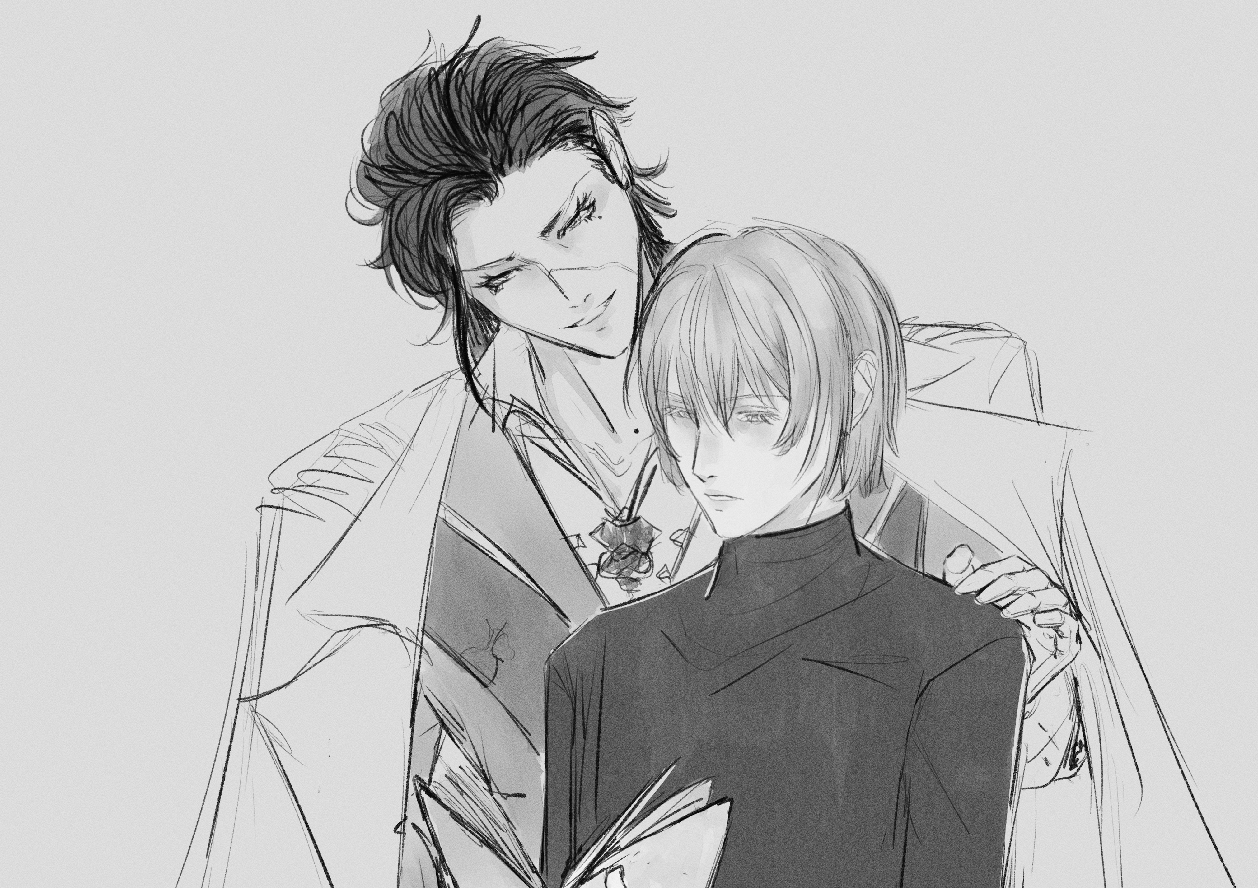silver and blood, absurdres, commentary, english commentary, highres, 2boys, book, cain (silver and blood), coat, coat on shoulders, collared coat, collared jacket, collared shirt, expressionless, eyelashes, grey background, greyscale, hair between eyes, hand on another's shoulder, happy, holding, holding book, jacket, jewelry, lapels, lips, long sleeves, looking at another, male focus, meimei (rin aichan), mole, mole under eye, monochrome, multiple boys, necklace, noah nevernight, notched lapels, open book, open mouth, pointy ears, reading, shirt, short hair, simple background, smile, turtleneck, turtleneck shirt, upper body, yaoi