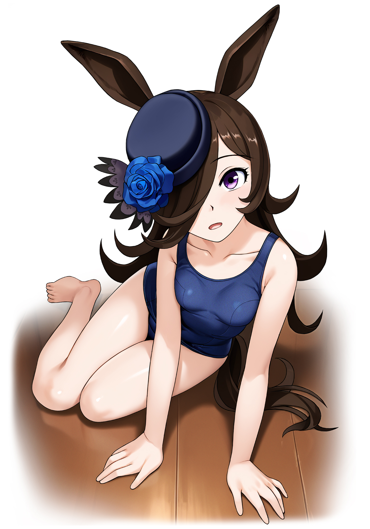 neopure, rice shower (umamusume), umamusume, highres, 1girl, animal ears, blue flower, blue rose, blush, breasts, brown hair, flipped hair, flower, hair over one eye, hat, hat flower, horse ears, horse girl, horse tail, long hair, looking at viewer, old school swimsuit, open mouth, purple eyes, rose, school swimsuit, sitting, small breasts, smile, solo, swimsuit, tail, tilted headwear, wooden floor