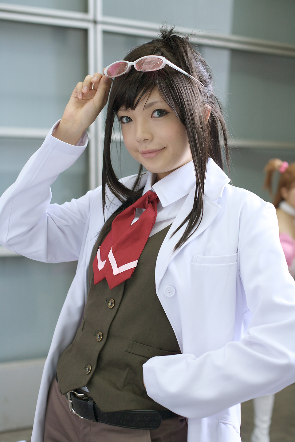 namada, ema skye, ace attorney, apollo justice ace attorney, capcom, highres, photo (medium), 1girl, asian, bag, blue eyes, color contacts, cosplay, ema skye (cosplay), eyewear on head, female focus, handbag, lab coat, solo, sunglasses, vest