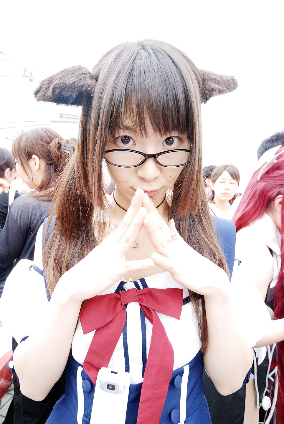 maico (model), acasius boarding school, highres, photo (medium), animal ears, asian, brown eyes, brown hair, cosplay, dog ears, fake animal ears, glasses, long hair, looking at viewer, mole, multiple girls, school uniform, solo focus