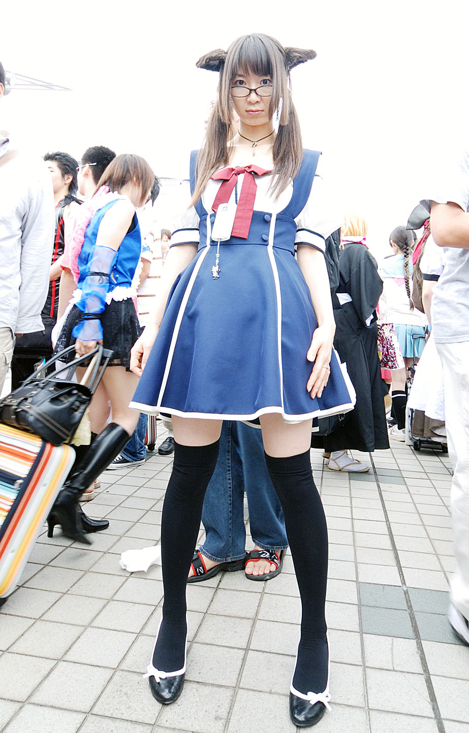 maico (model), acasius boarding school, black legwear, highres, photo (medium), animal ears, asian, brown eyes, brown hair, cosplay, dog ears, fake animal ears, glasses, long hair, looking at viewer, mole, multiple boys, outdoors, school uniform, solo focus, standing, thighhighs, zettai ryouiki