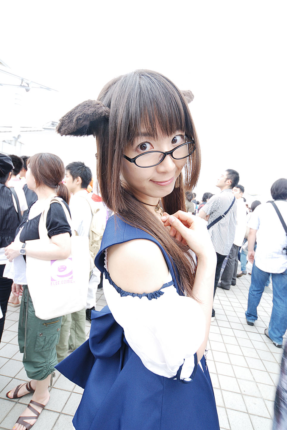 maico (model), acasius boarding school, highres, photo (medium), 2girls, animal ears, asian, brown eyes, brown hair, cosplay, dog ears, dutch angle, fake animal ears, glasses, long hair, looking at viewer, looking back, mole, multiple boys, multiple girls, outdoors, school uniform, smile, solo focus, standing