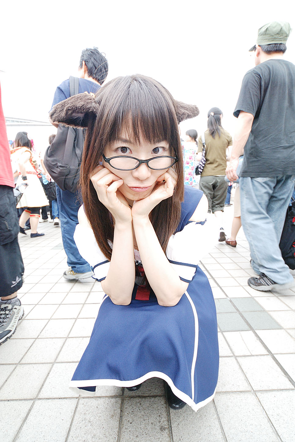 maico (model), acasius boarding school, highres, photo (medium), animal ears, asian, brown eyes, brown hair, cosplay, dog ears, fake animal ears, glasses, long hair, looking at viewer, mole, multiple boys, multiple girls, outdoors, school uniform, solo focus, squatting, standing