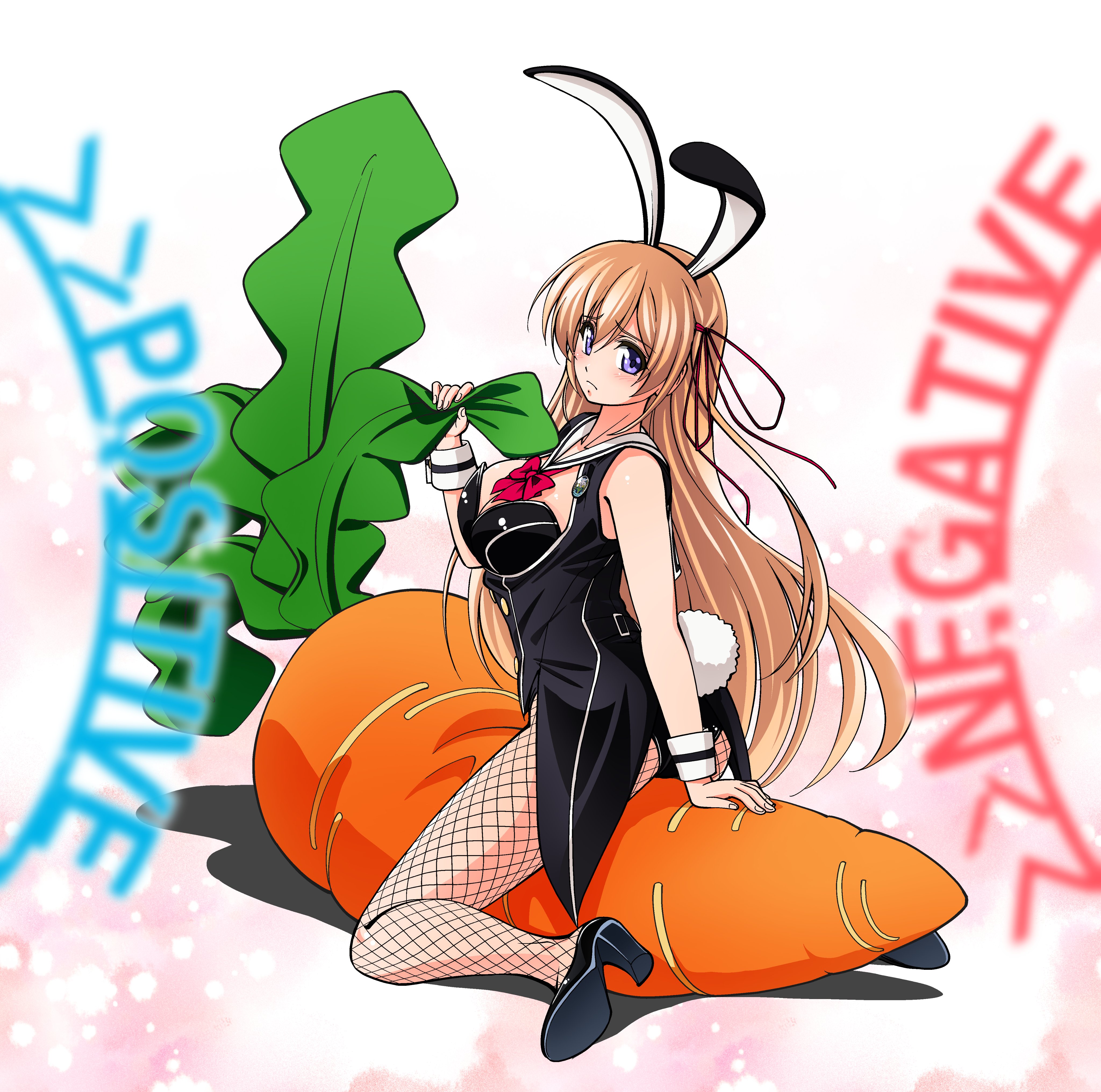 eibon, kurusu nono, chaos;child, science adventure, absurdres, highres, 1girl, animal ears, bare shoulders, black leotard, blush, bow, breasts, cleavage, detached collar, fake animal ears, fishnets, full body, hair ribbon, hekiho academy school uniform, high heels, large breasts, leotard, long hair, looking at viewer, orange hair, playboy bunny, rabbit ears, rabbit tail, ribbon, school uniform, sitting, solo, strapless, strapless leotard, tail, wrist cuffs