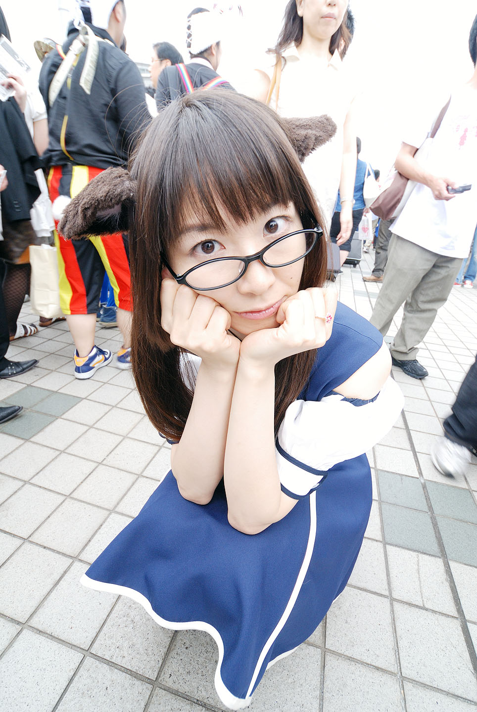 maico (model), acasius boarding school, highres, photo (medium), animal ears, asian, brown eyes, brown hair, cosplay, dog ears, dutch angle, fake animal ears, glasses, long hair, looking at viewer, mole, multiple boys, multiple girls, outdoors, school uniform, solo focus, squatting, standing